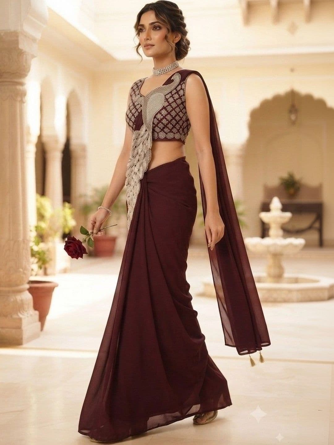 SmileyFashion Embellished Embroidered Pure Georgette Designer Saree thumbnail 3