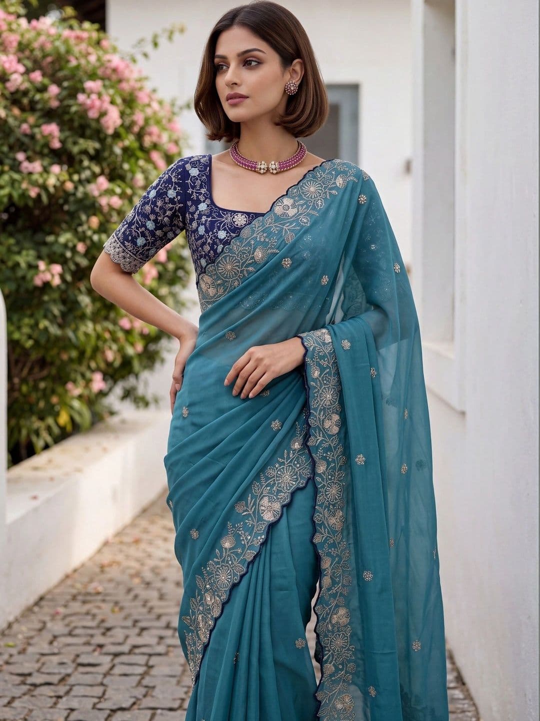 Kandora Floral Embroidered Pure Georgette Designer Saree thumbnail 2