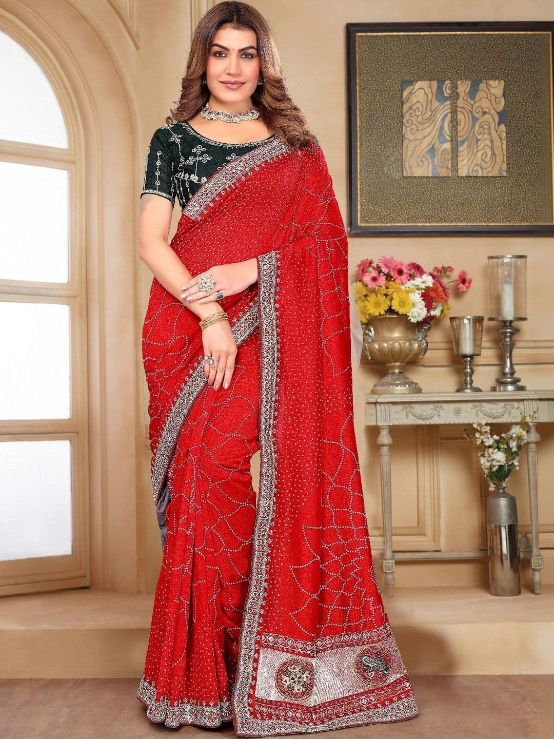 SmileyFashion Bandhani Embroidered Art Silk Designer Saree - view 1