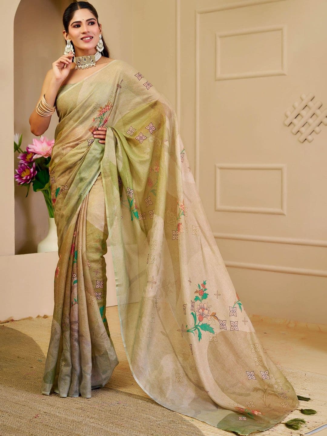 MANVAA Women Floral Silk Cotton Handloom Saree - view 1