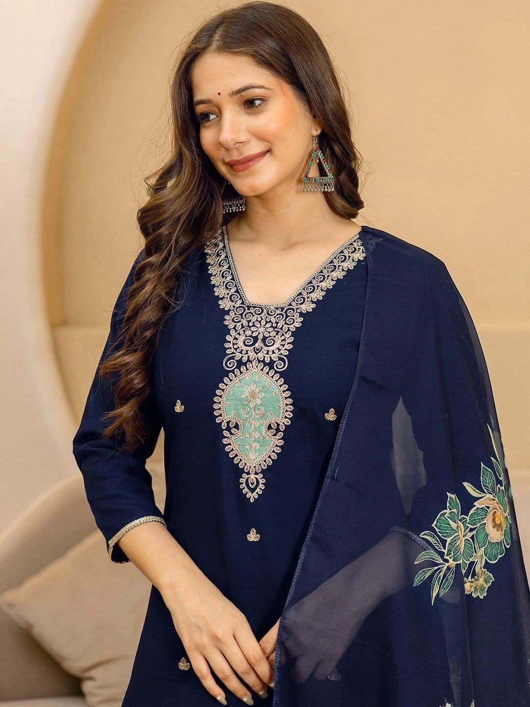 SKYLEE Women Ethnic Motifs Embroidered Kurta with Trousers & Dupatta thumbnail 6