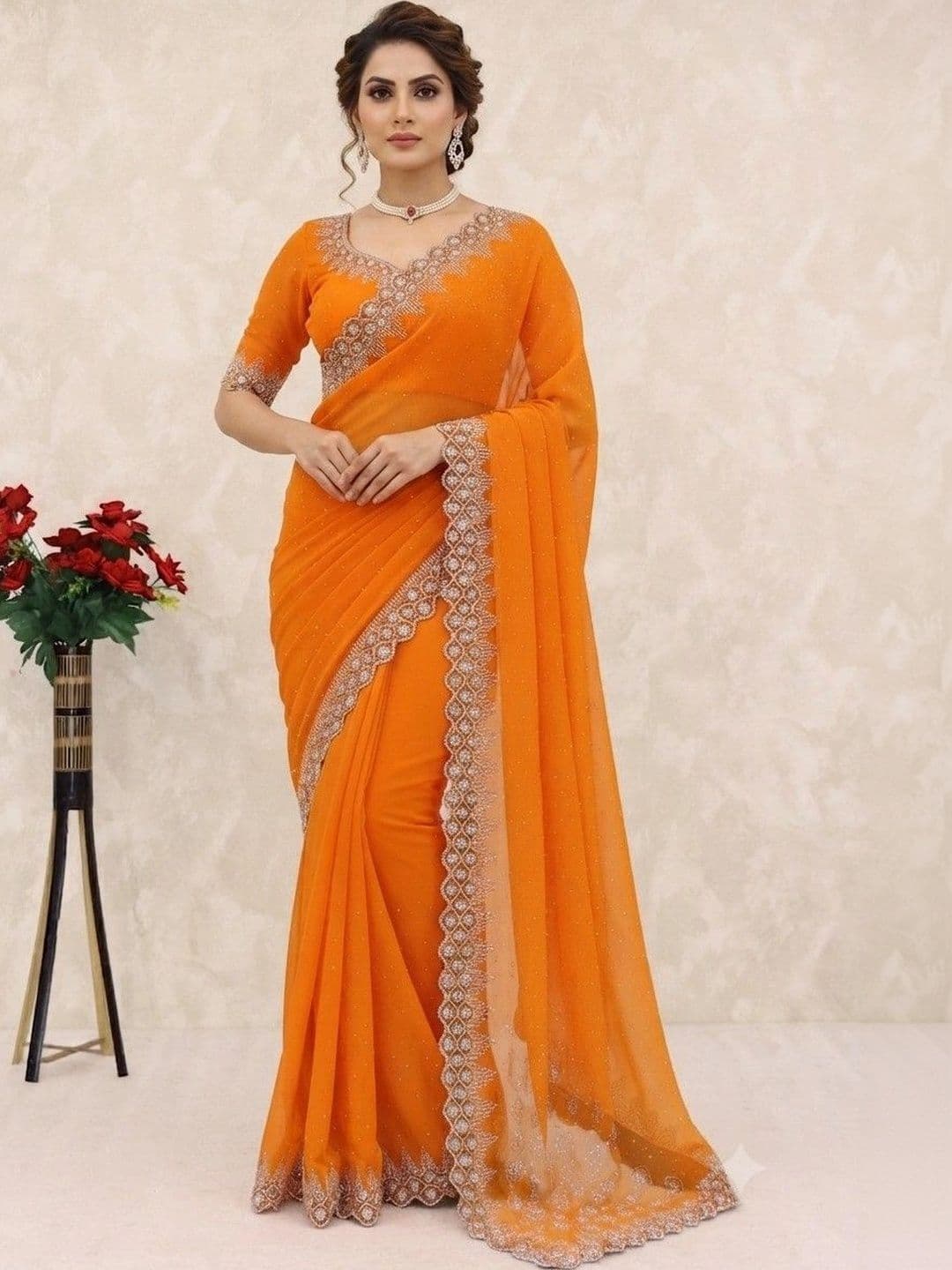 SmileyFashion Embroidered Pure Georgette Saree thumbnail 2
