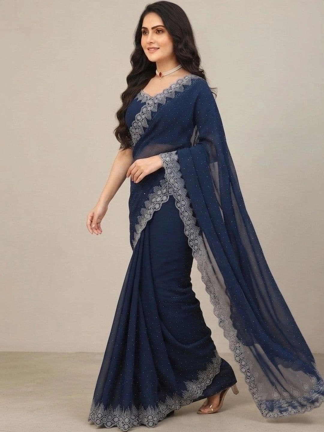 SmileyFashion Embellished Pure Georgette Saree thumbnail 3