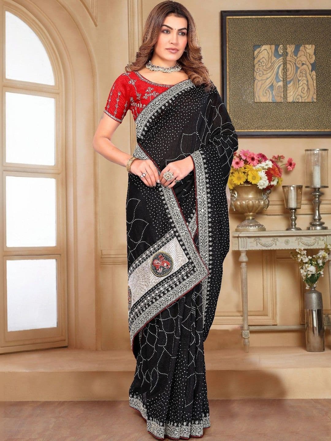 SmileyFashion Bandhani Embroidered Art Silk Designer Saree thumbnail 5