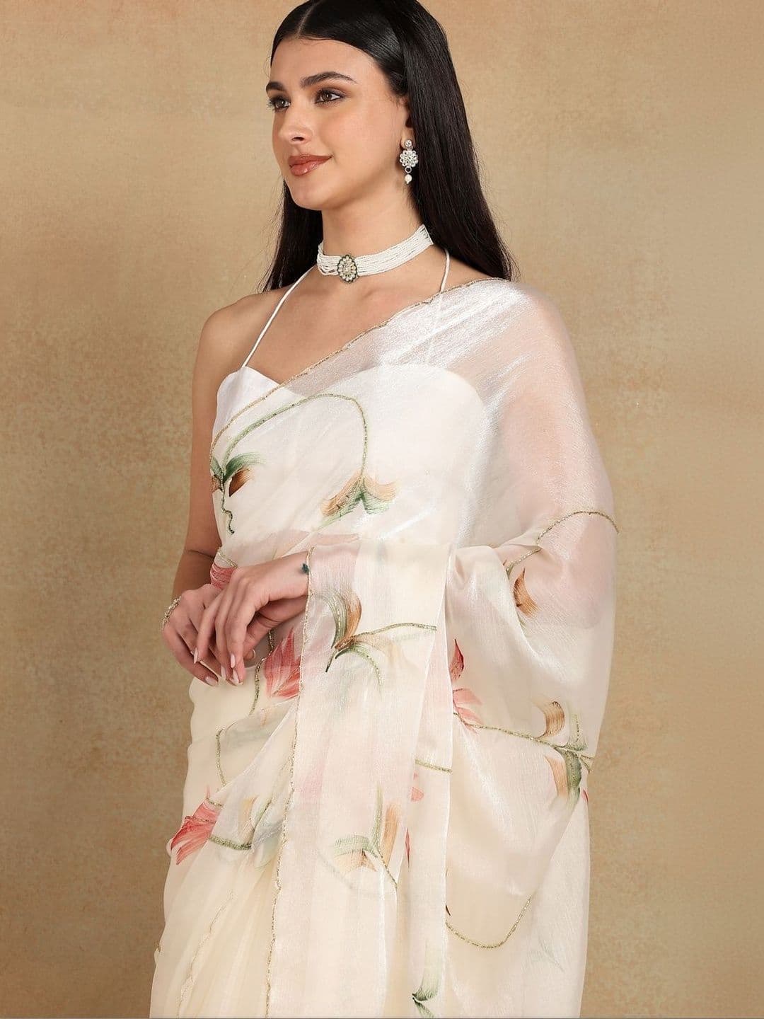 KALINI Floral Beads and Stones Organza Designer Saree thumbnail 5