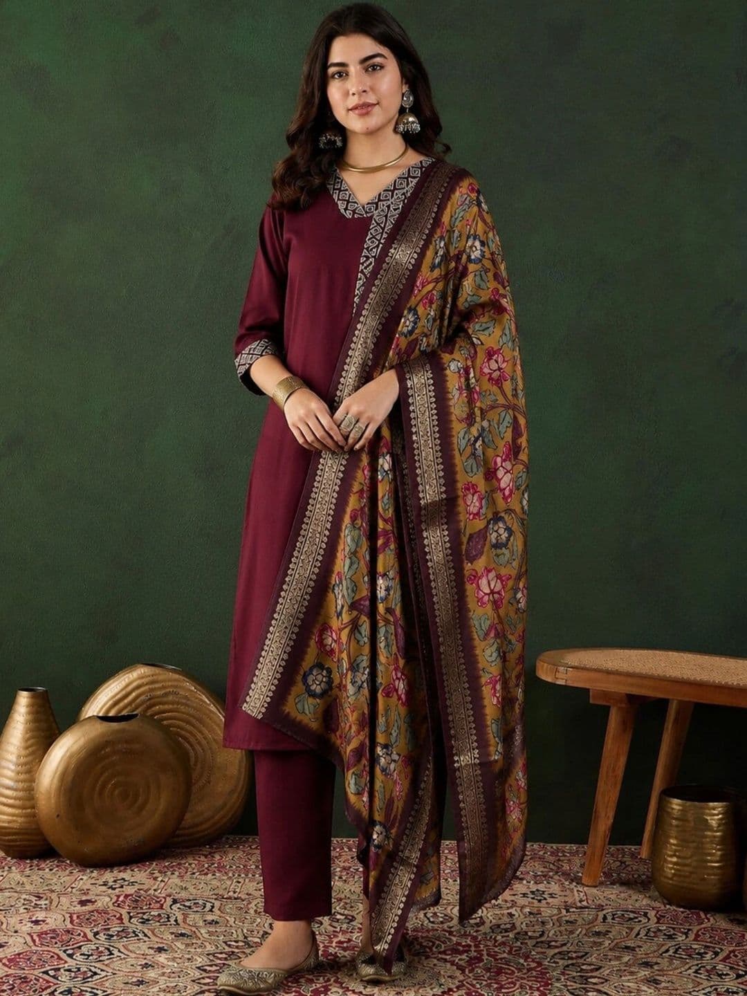 KALINI Women Ethnic Motifs Regular Thread Work Kurta with Trousers & With Dupatta - view 1