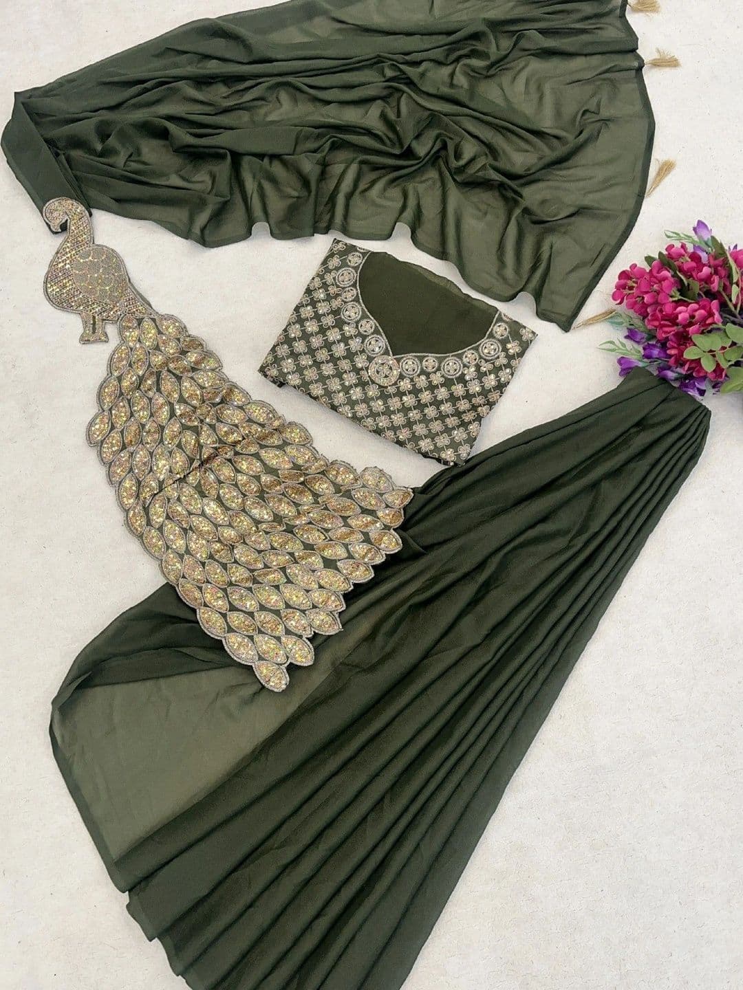 SmileyFashion Embellished Sequinned Pure Georgette Designer Saree thumbnail 5