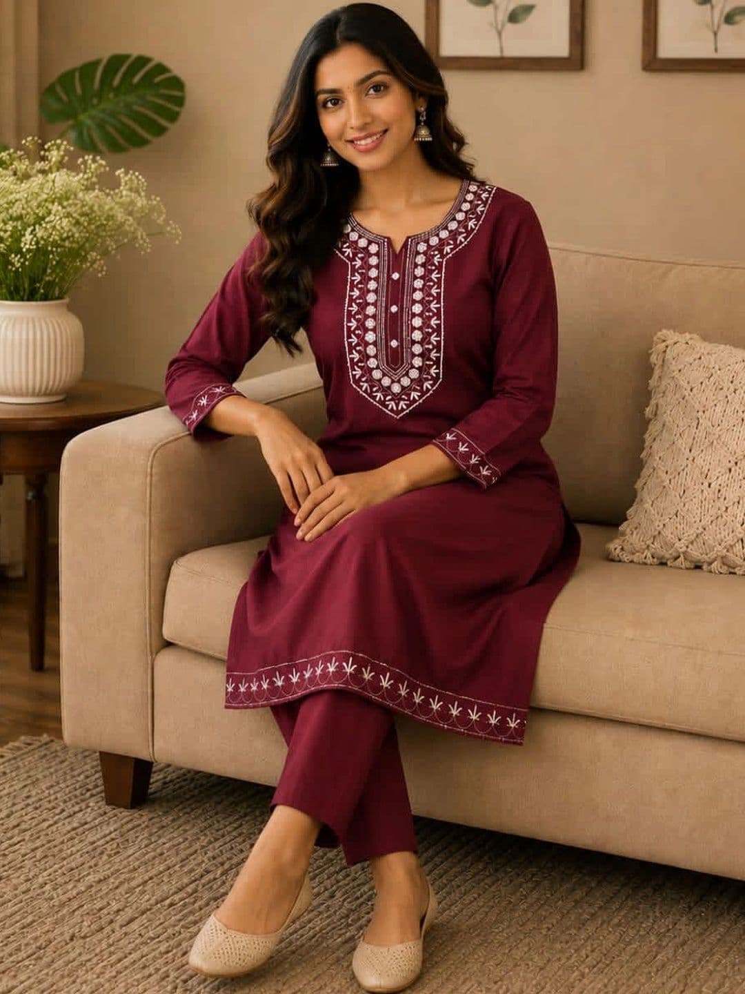 RICF ROYALS INDIA FASHION COLLECTION Women Ethnic Motifs Embroidered Regular Thread Work Kurta with Trousers - view 1
