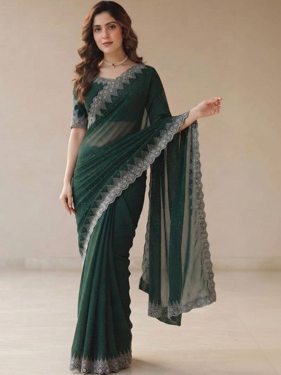 SmileyFashion Embellished Pure Georgette Saree - view 1