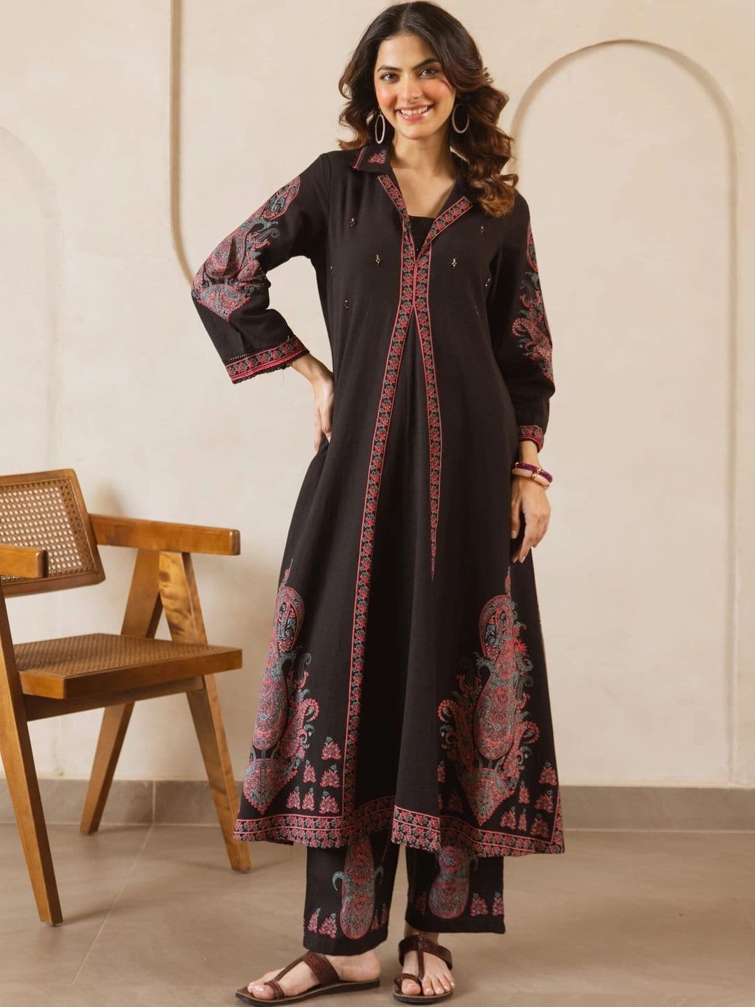 Sangria Women Paisley Embroidered Angrakha Thread Work Kurta with Trousers - view 1