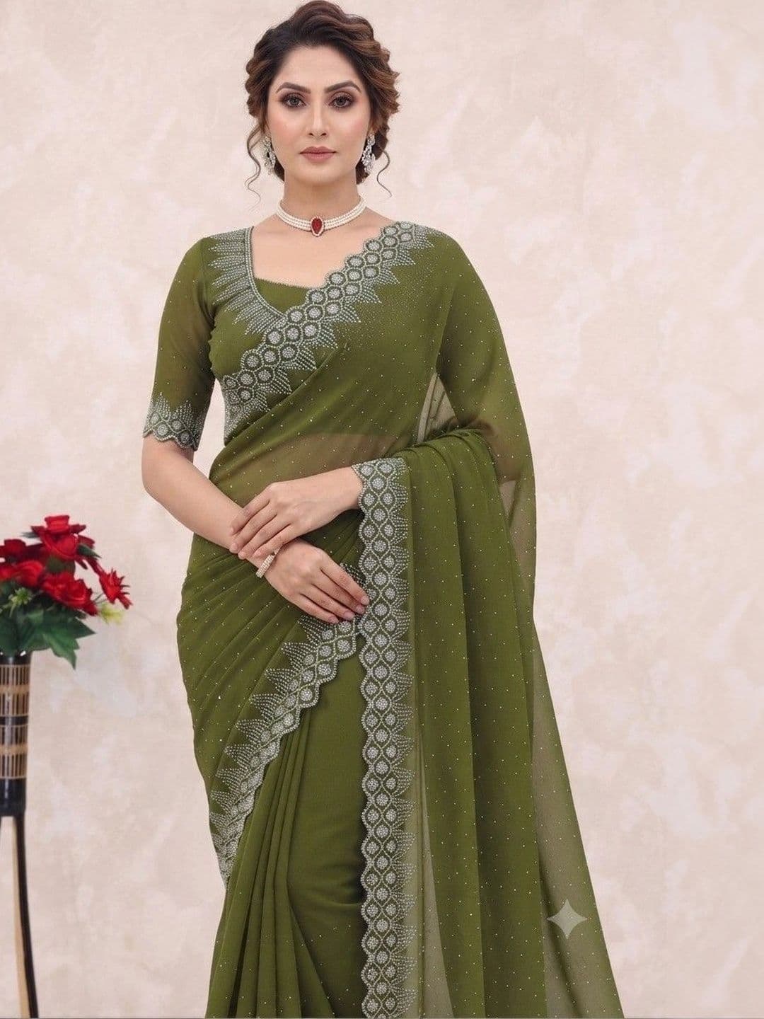 SmileyFashion Embellished Pure Georgette Saree thumbnail 4