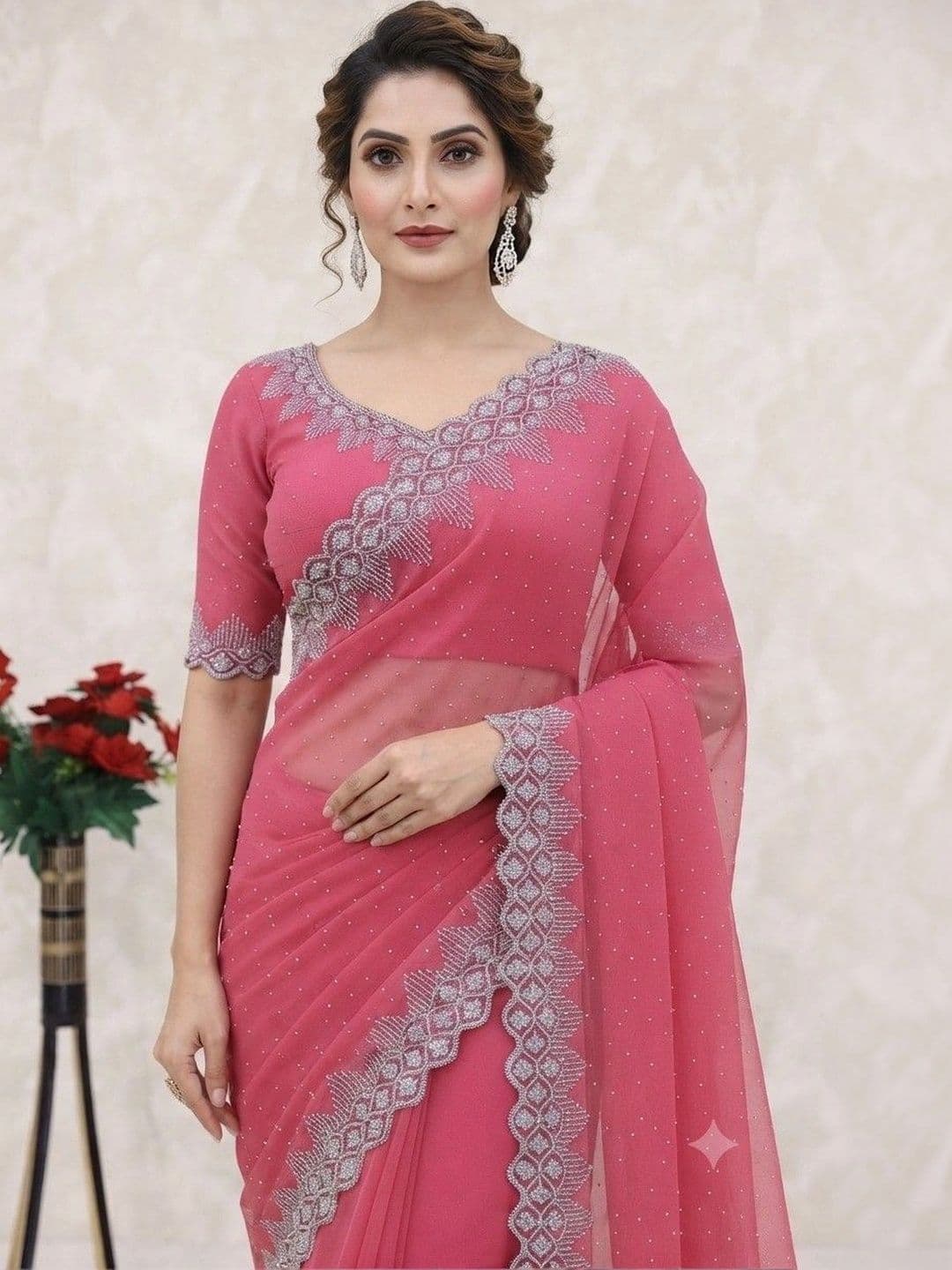 SmileyFashion Embroidered Pure Georgette Saree thumbnail 4
