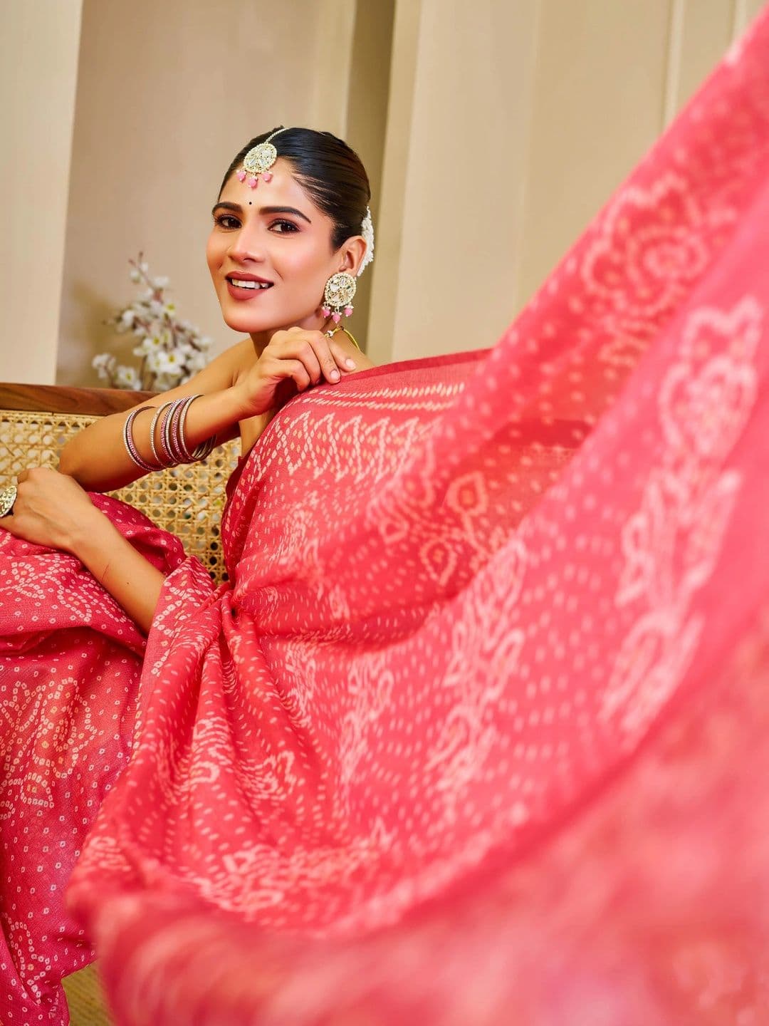 HERE&NOW Bandhani Silk Cotton Handloom Saree thumbnail 6
