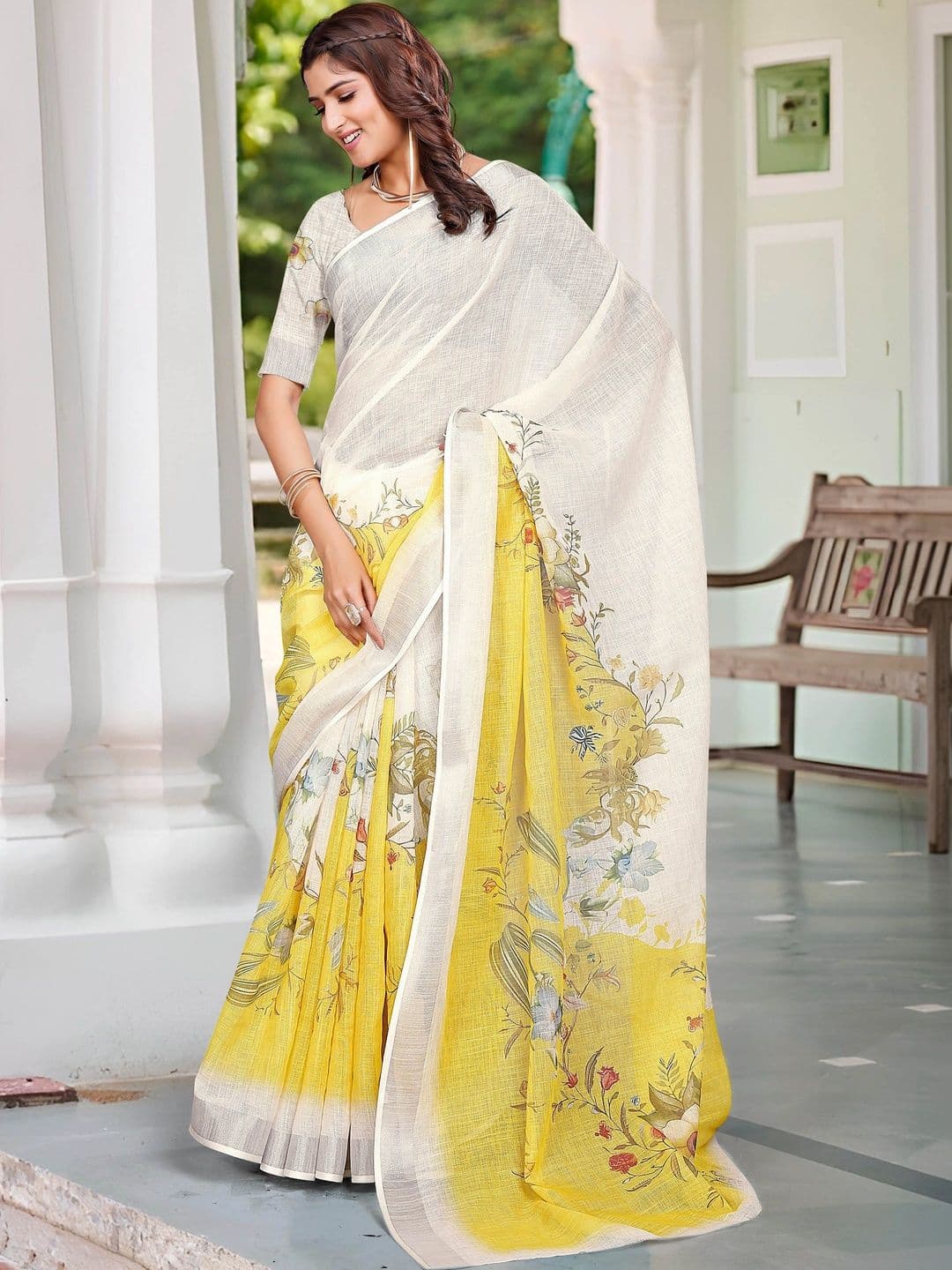 MANVAA Women Cotton Linen Saree with Floral Print Saree thumbnail 5