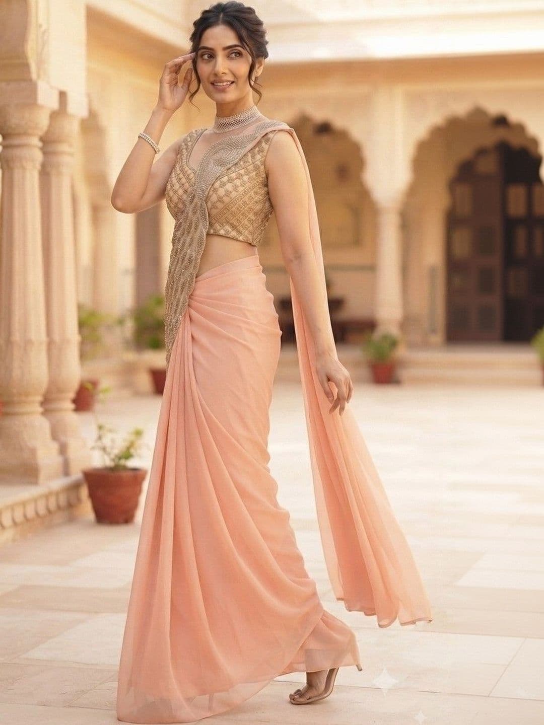 SmileyFashion Embellished Embroidered Pure Georgette Designer Saree thumbnail 4