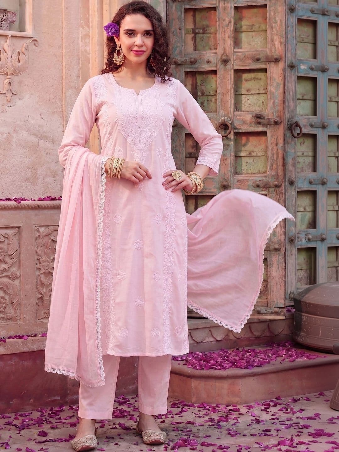 Navlik Women Ethnic Motifs Embroidered Regular Chikankari Kurta with Trousers & With Dupatta - view 1