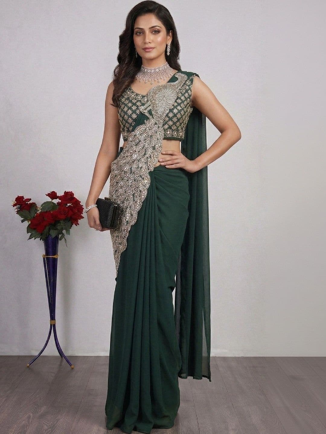 SmileyFashion Embellished Sequinned Pure Georgette Designer Saree thumbnail 5