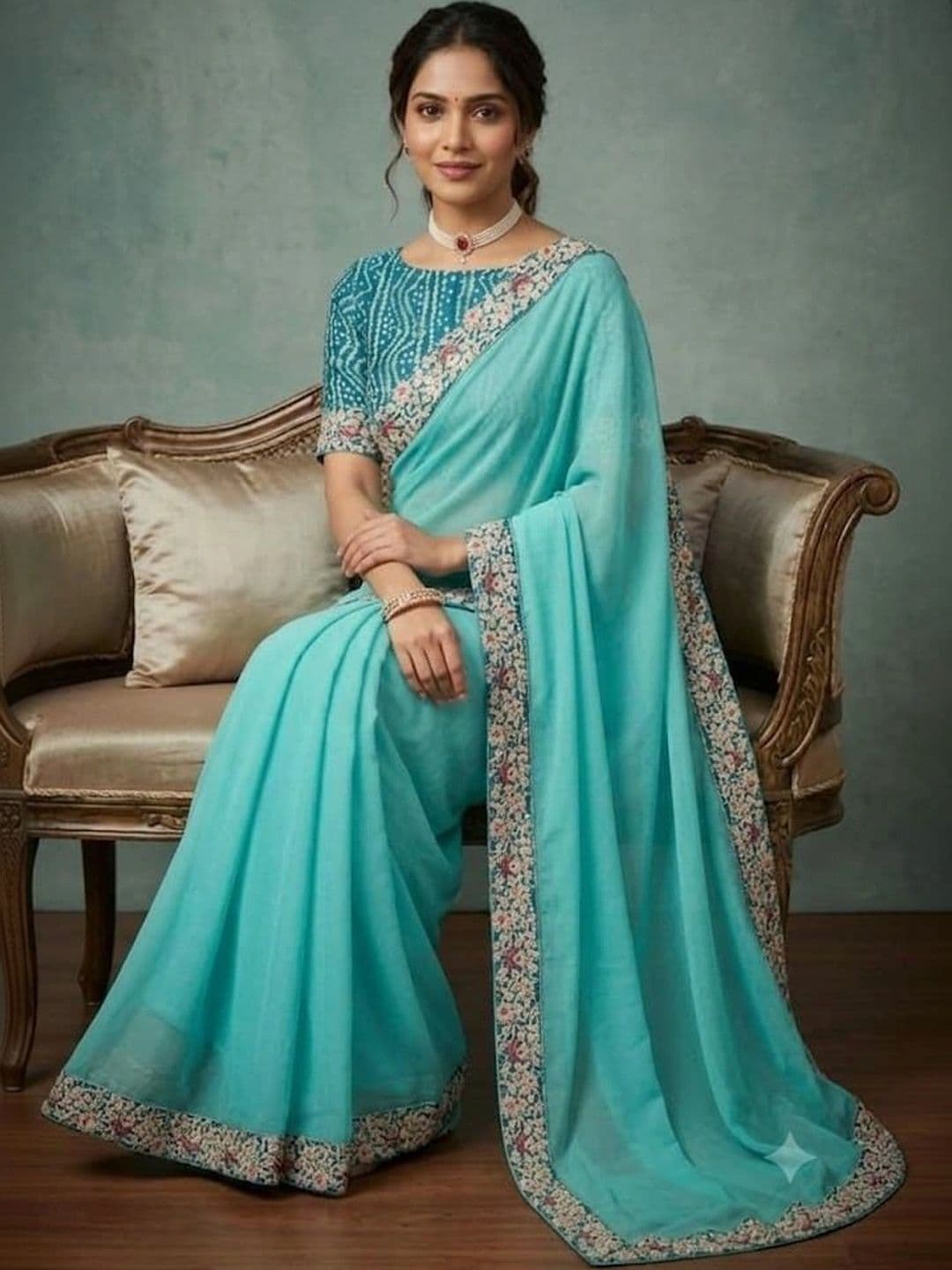 SmileyFashion Floral Embroidered Poly Chiffon Designer Saree thumbnail 3