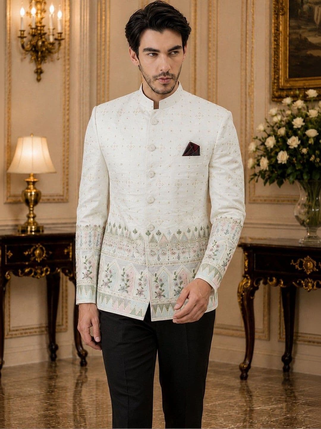 House of Pataudi Printed Mandarin Collar Jodhpuri Blazers thumbnail 3