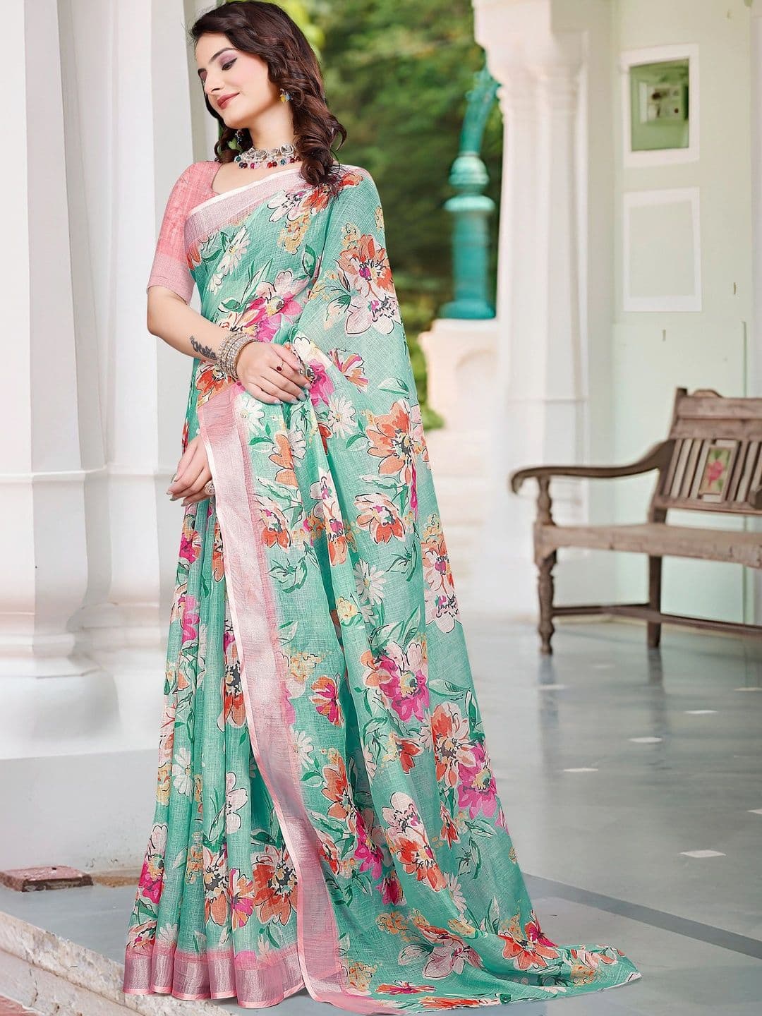 MANVAA Women's Sea Green Cotton Linen Saree thumbnail 6