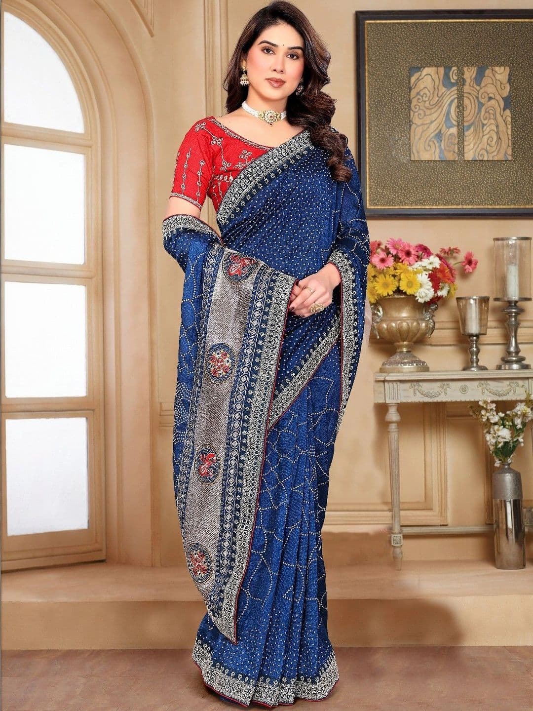 SmileyFashion Bandhani Embroidered Art Silk Designer Saree thumbnail 2