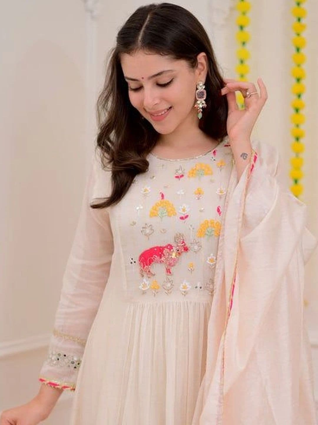 Sangria Women Ethnic Motifs Embroidered Empire Mirror Work Kurta with Trousers & With Dupatta thumbnail 4