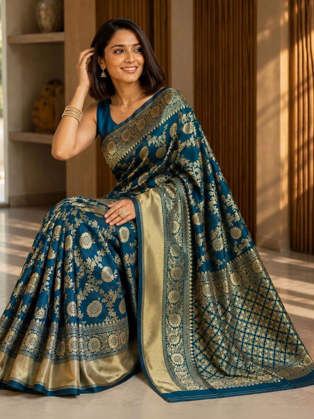 House of Pataudi Women Woven Design Zari Silk Blend Banarasi Saree thumbnail 4