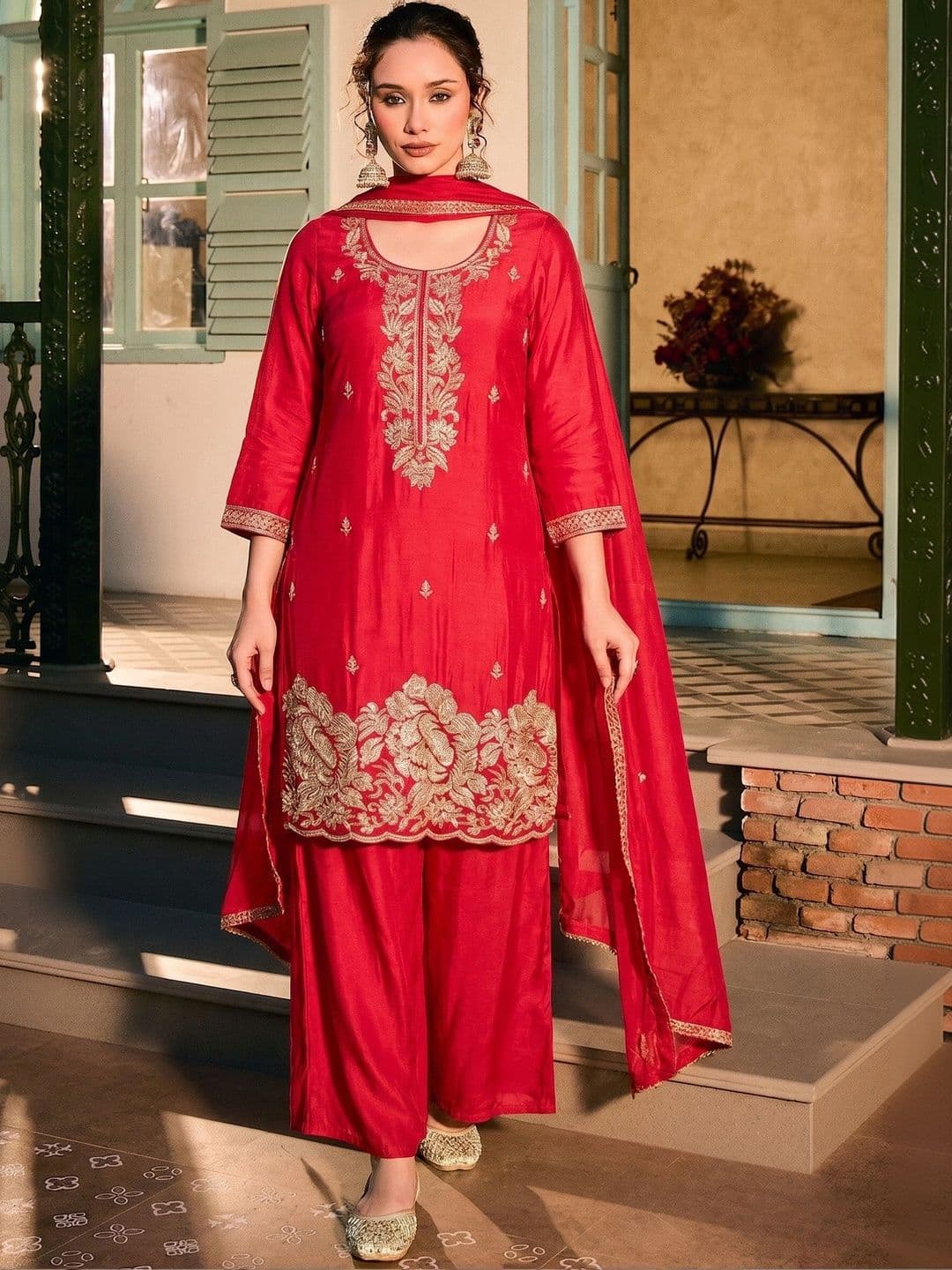 Navlik Women Ethnic Motifs Embroidered Regular Kurta with Palazzos & With Dupatta - view 1
