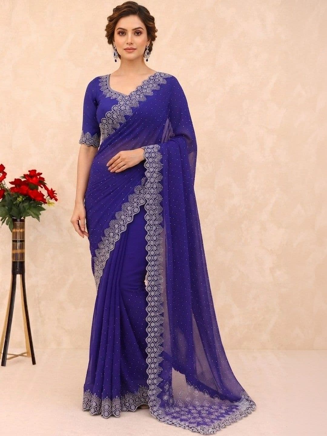 SmileyFashion Embroidered Pure Georgette Saree - view 1