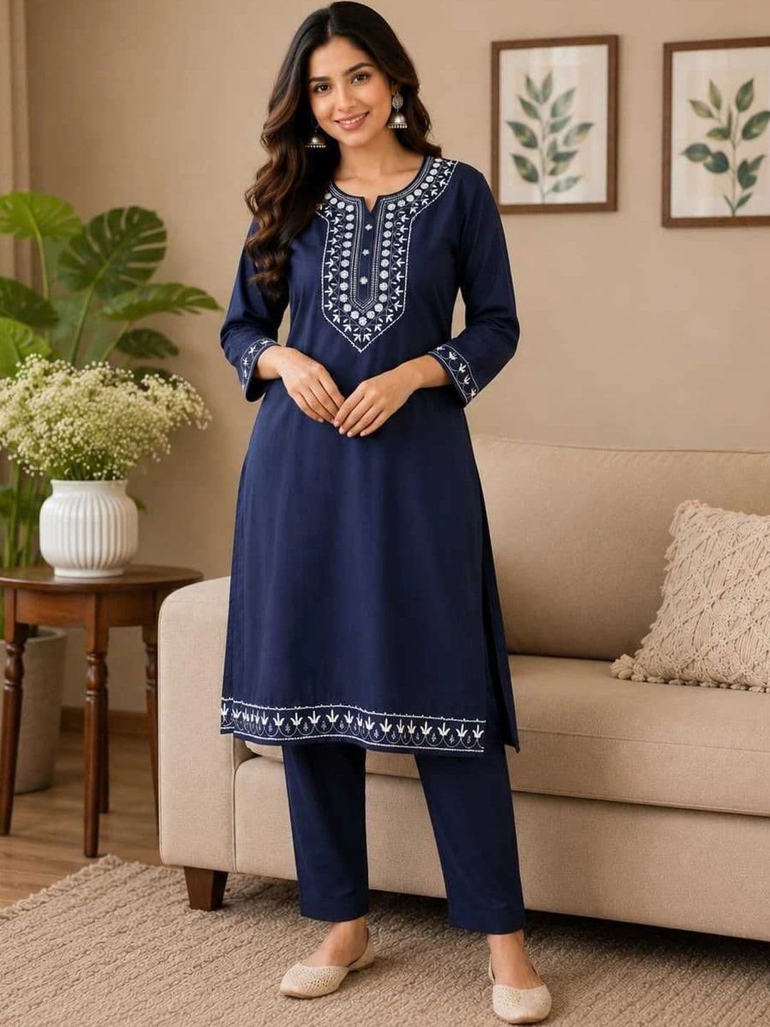 RICF ROYALS INDIA FASHION COLLECTION Women Ethnic Motifs Embroidered Regular Thread Work Kurta with Trousers thumbnail 4