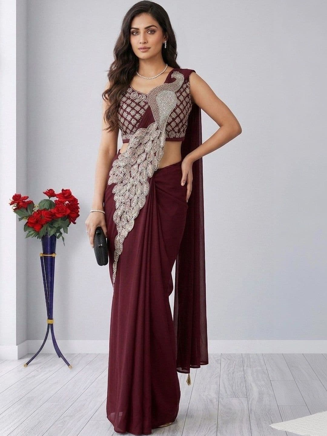 SmileyFashion Embellished Sequinned Pure Georgette Designer Saree thumbnail 4