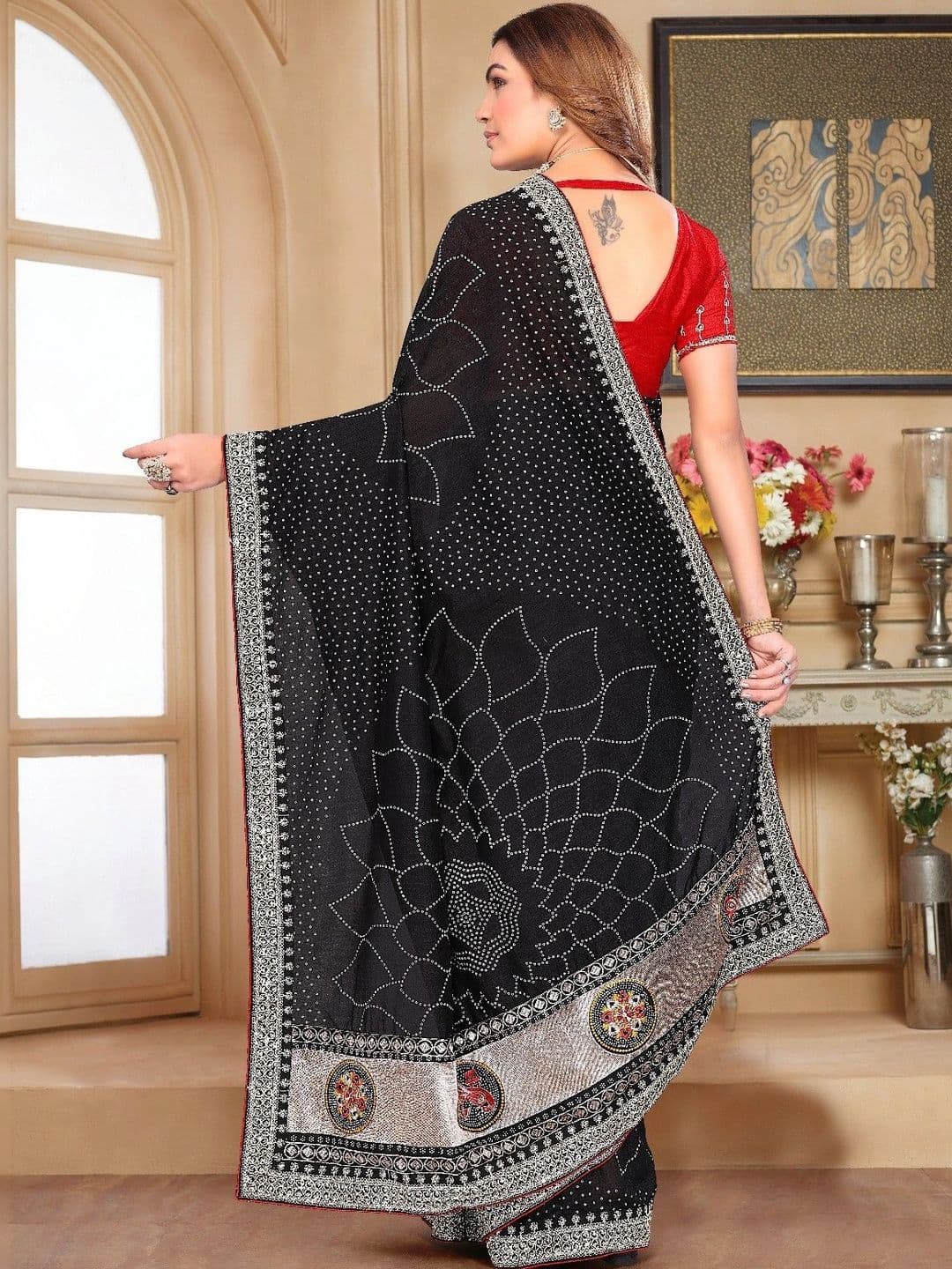 SmileyFashion Bandhani Embroidered Art Silk Designer Saree thumbnail 2