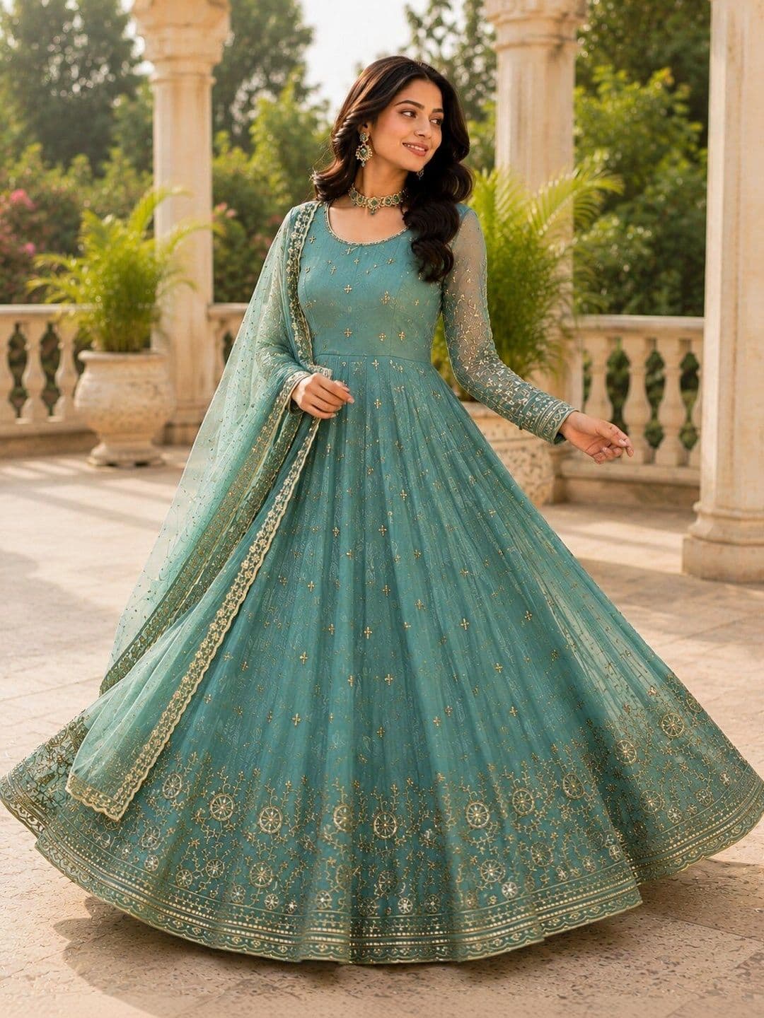 KALINI Women Ethnic Motifs Embroidered Tiered Kurta with Pyjamas & With Dupatta thumbnail 2