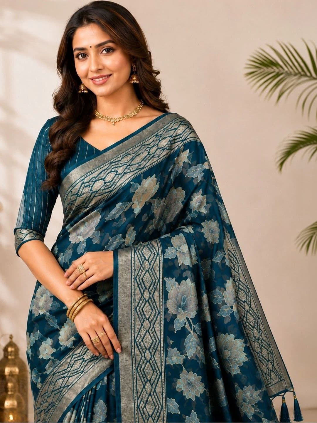 PANJURLI Women Floral Printed Zari Brasso Saree thumbnail 3