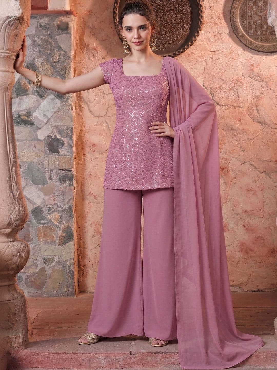 Navlik Women Embroidered Regular Sequinned Kurta with Palazzos & With Dupatta - view 1