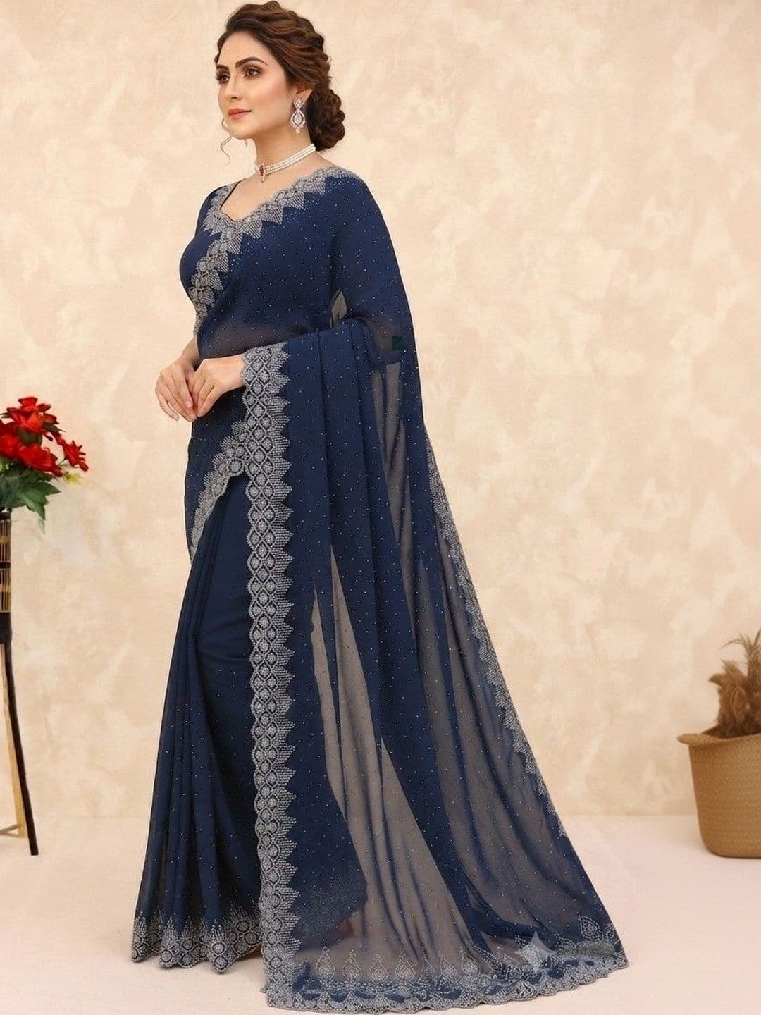 SmileyFashion Embellished Pure Georgette Saree thumbnail 2