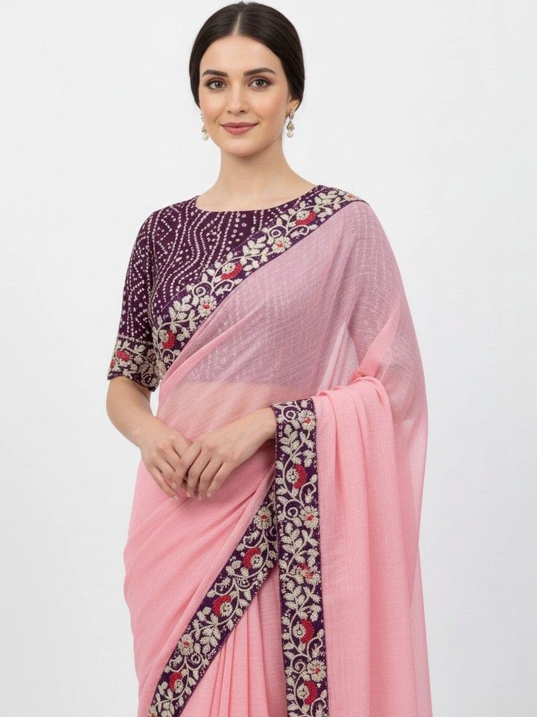 SmileyFashion Floral Embroidered Poly Chiffon Designer Saree thumbnail 5