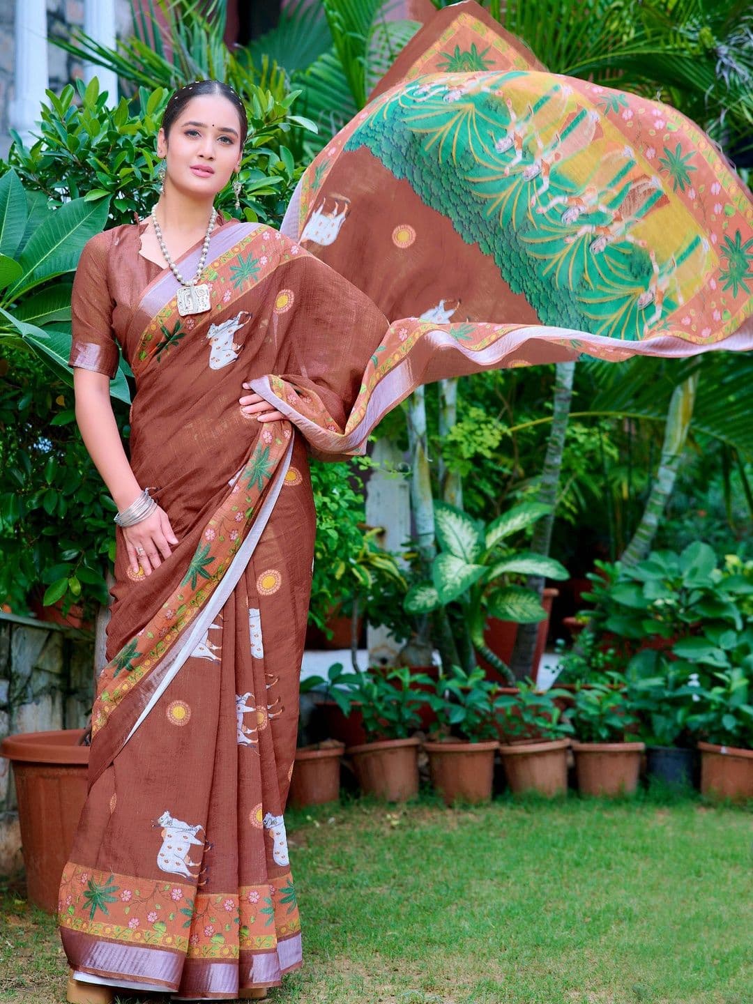 MANVAA Women Brown Cotton Linen Saree thumbnail 7