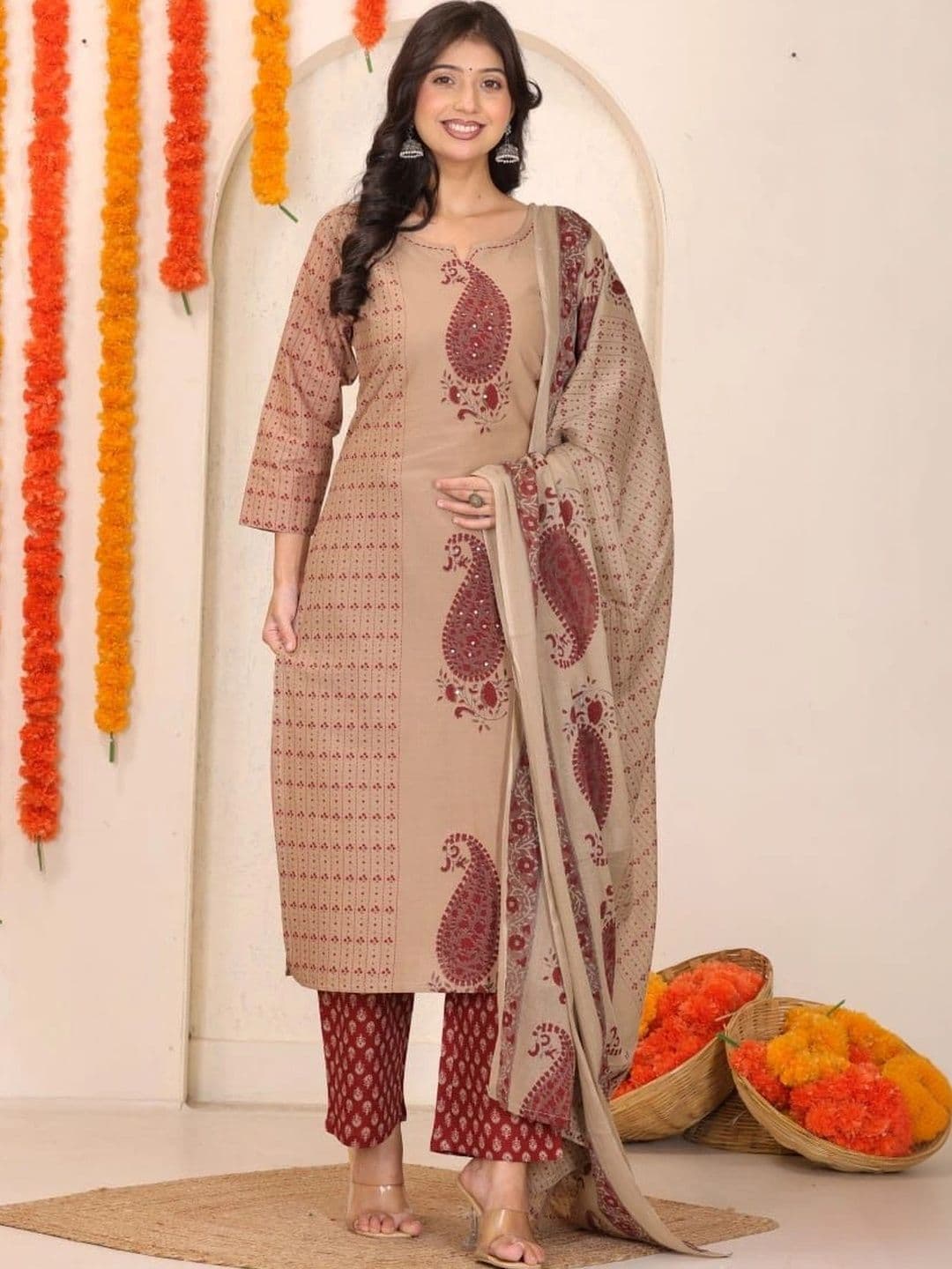 AFFO Women Ethnic Motifs Printed Regular Mirror Work Pure Cotton Kurta with Palazzos & With Dupatta thumbnail 6