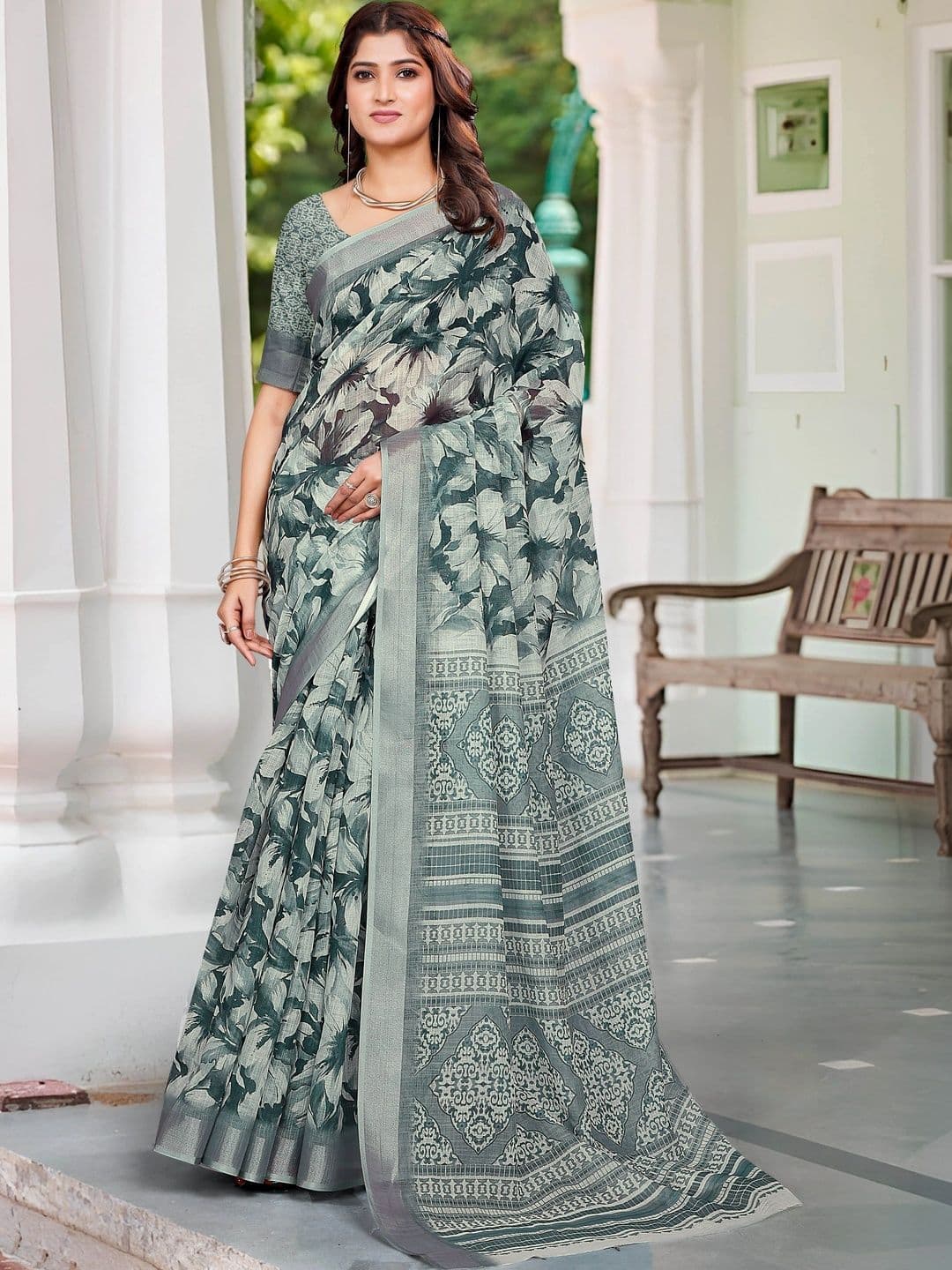 MANVAA Women Floral Cotton Linen Saree - view 1