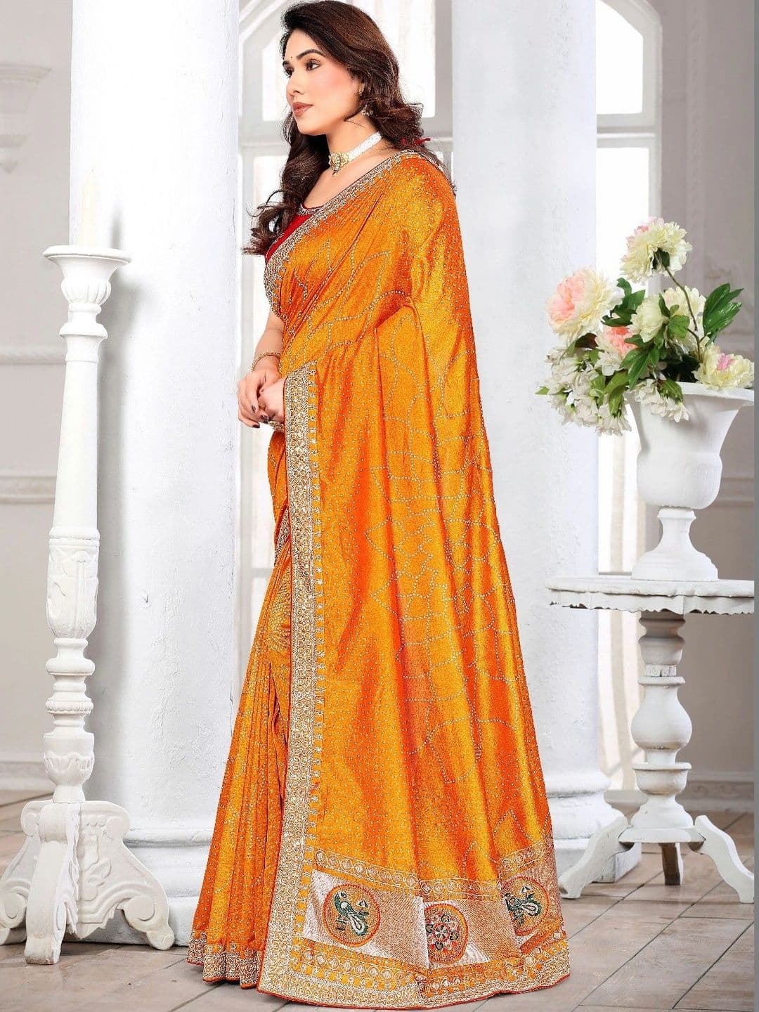 SmileyFashion Bandhani Embroidered Art Silk Designer Saree thumbnail 2
