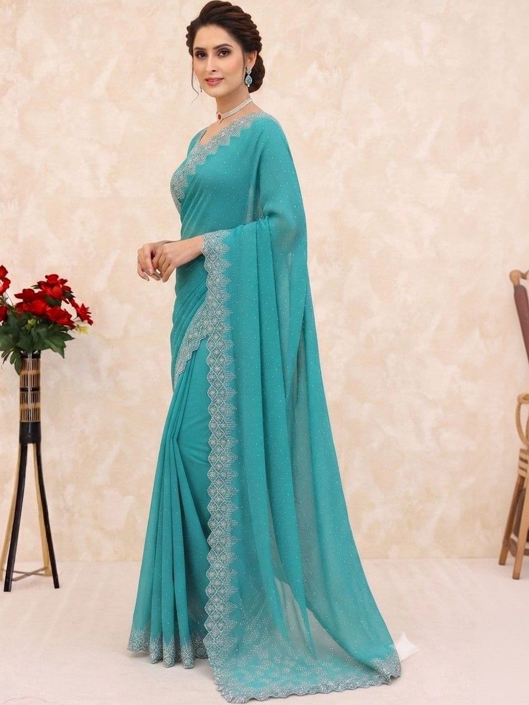 SmileyFashion Embellished Pure Georgette Saree thumbnail 6