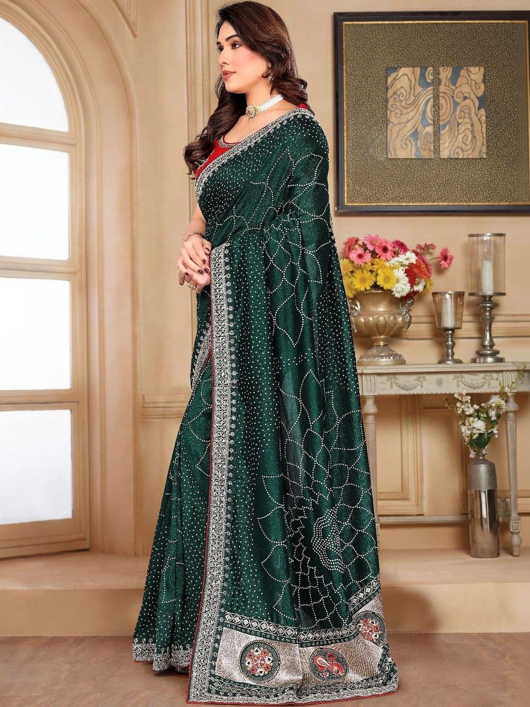 SmileyFashion Bandhani Embroidered Art Silk Designer Saree thumbnail 5