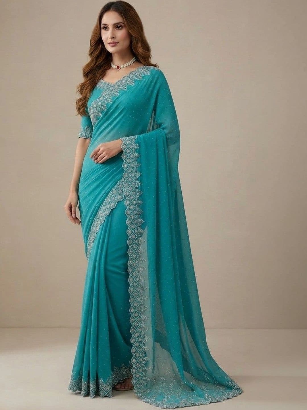 SmileyFashion Embellished Pure Georgette Saree thumbnail 2