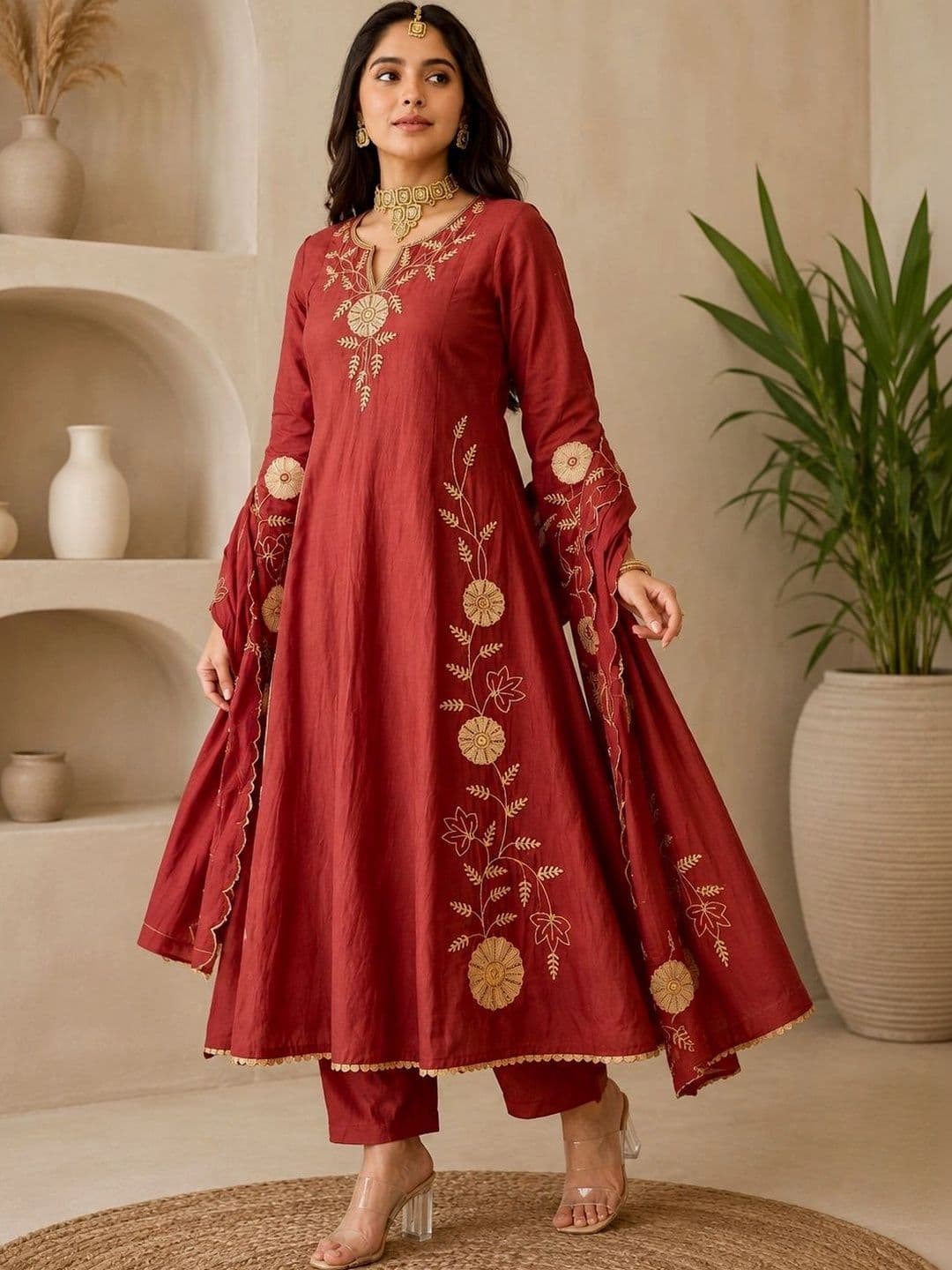 Tankori Women Ethnic Motifs Embroidered Regular Thread Work Chanderi Silk Kurta with Trousers & With Dupatta thumbnail 4
