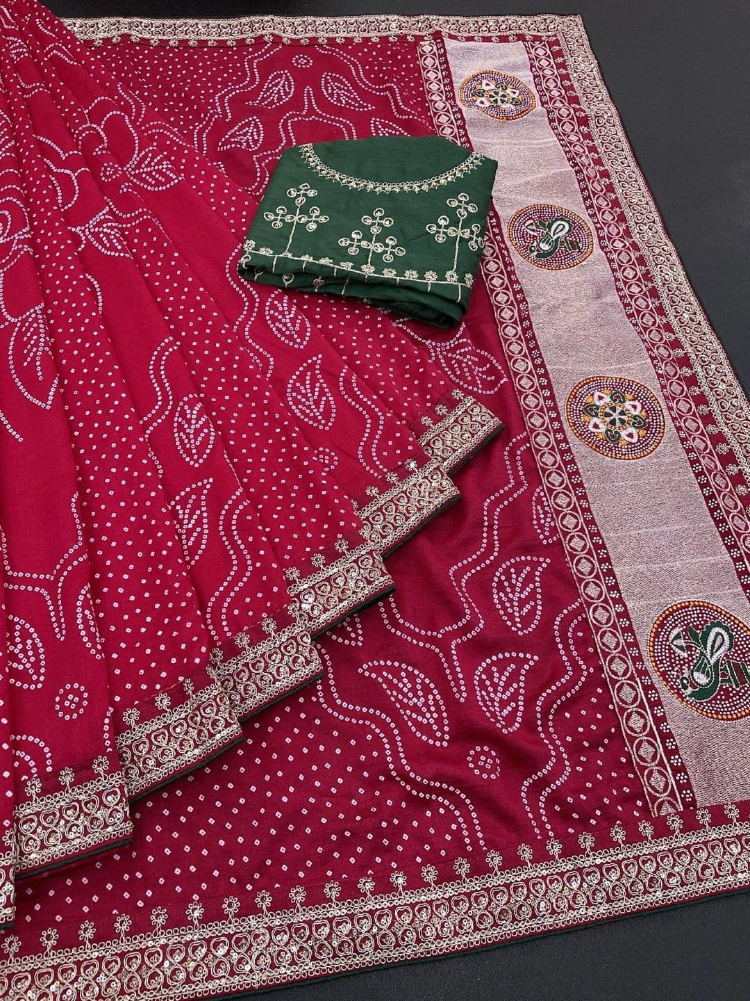 SmileyFashion Bandhani Embroidered Art Silk Designer Saree thumbnail 3