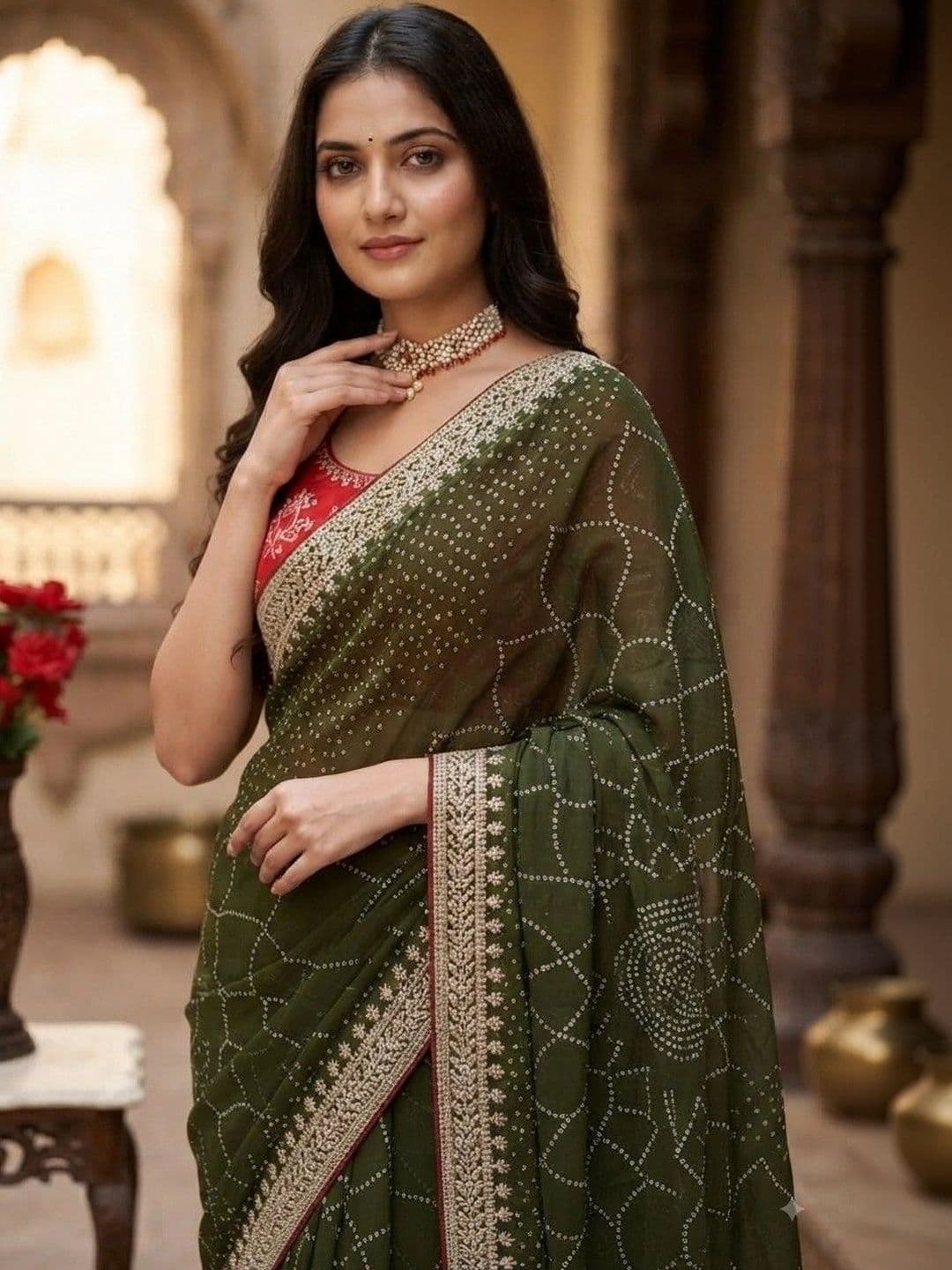 SmileyFashion Bandhani Embroidered Art Silk Designer Saree thumbnail 2