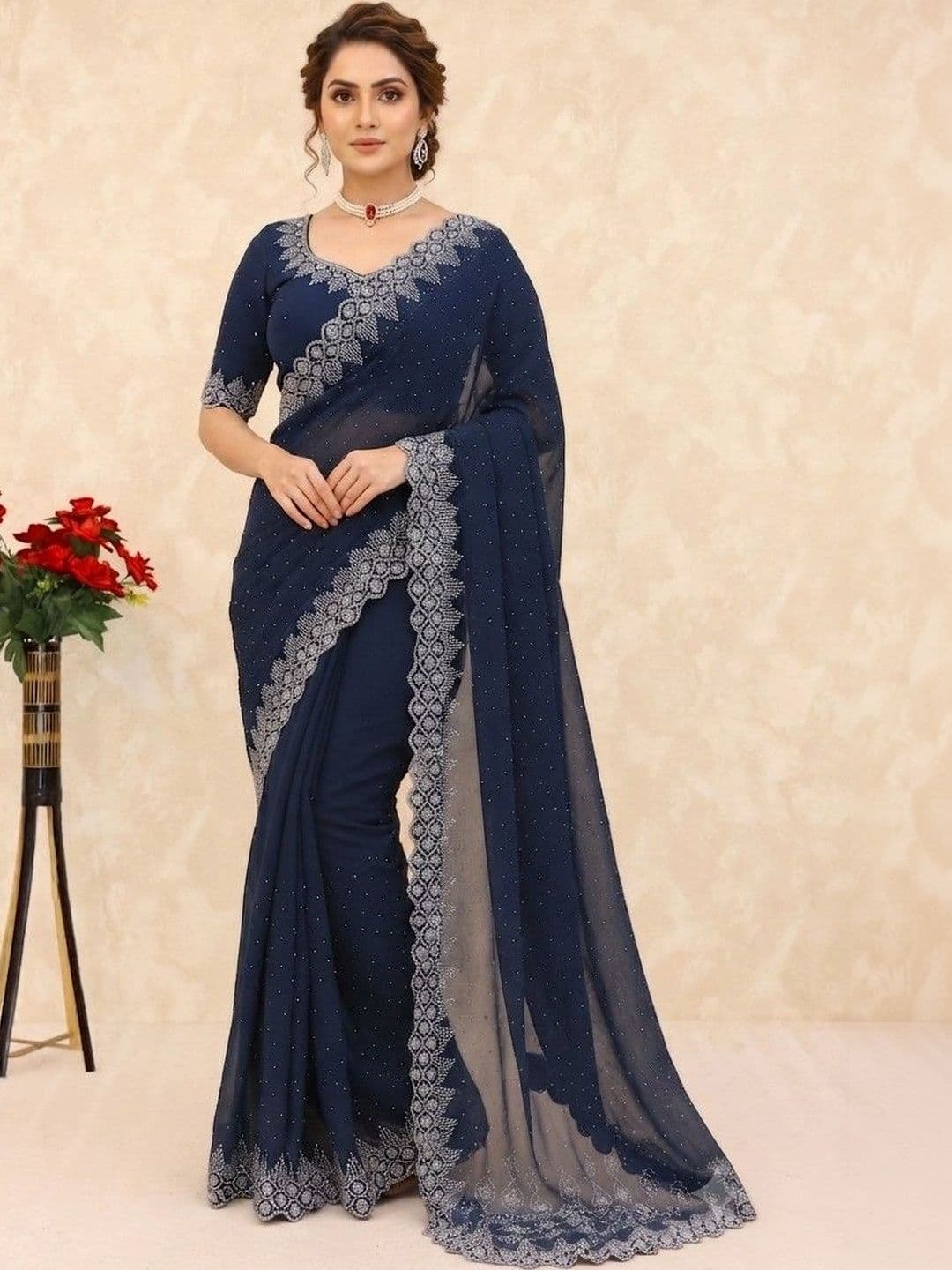 SmileyFashion Embellished Pure Georgette Saree - view 1