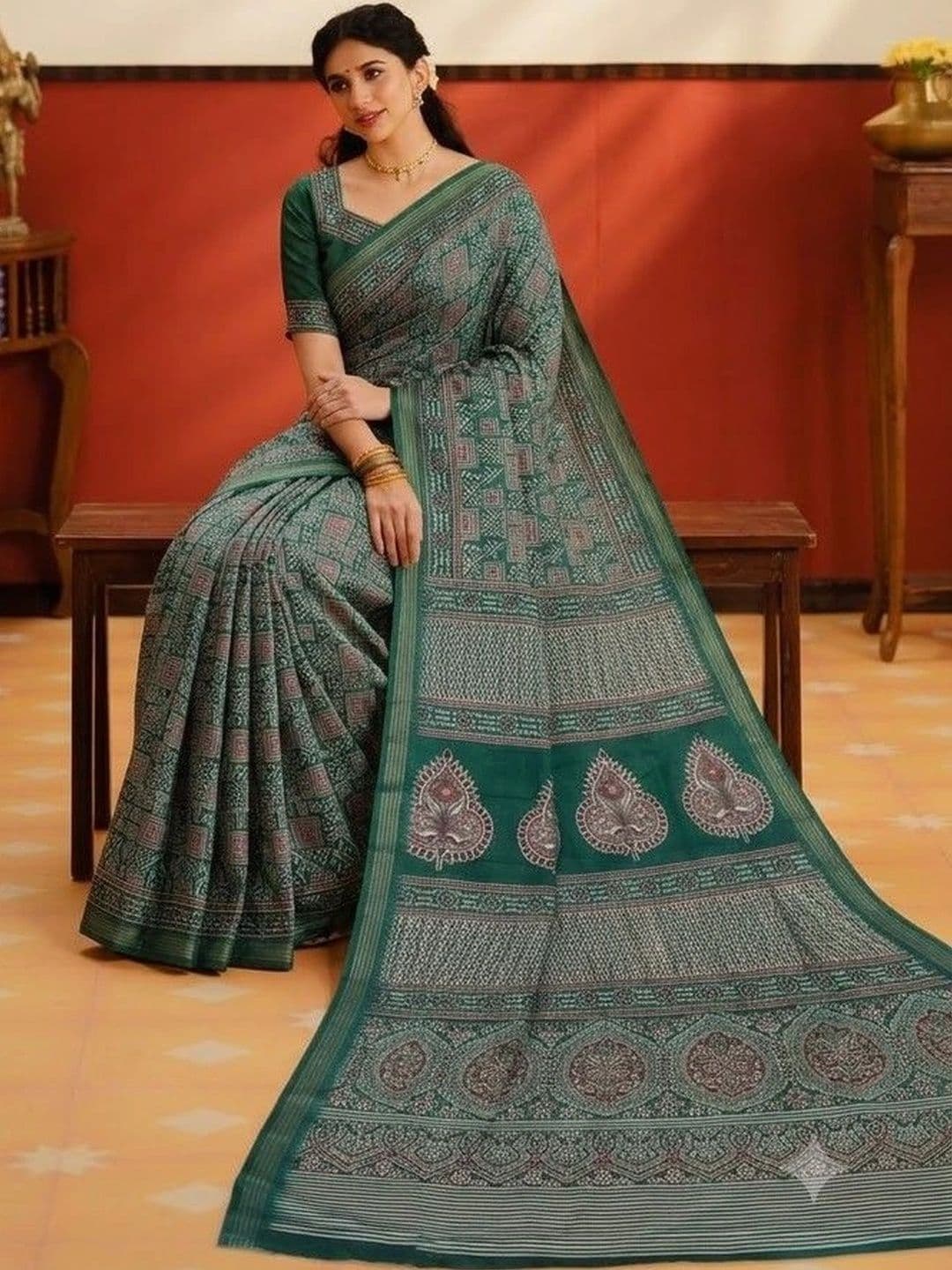 AARYAN SAREES Green Ajrakh Women Saree thumbnail 5