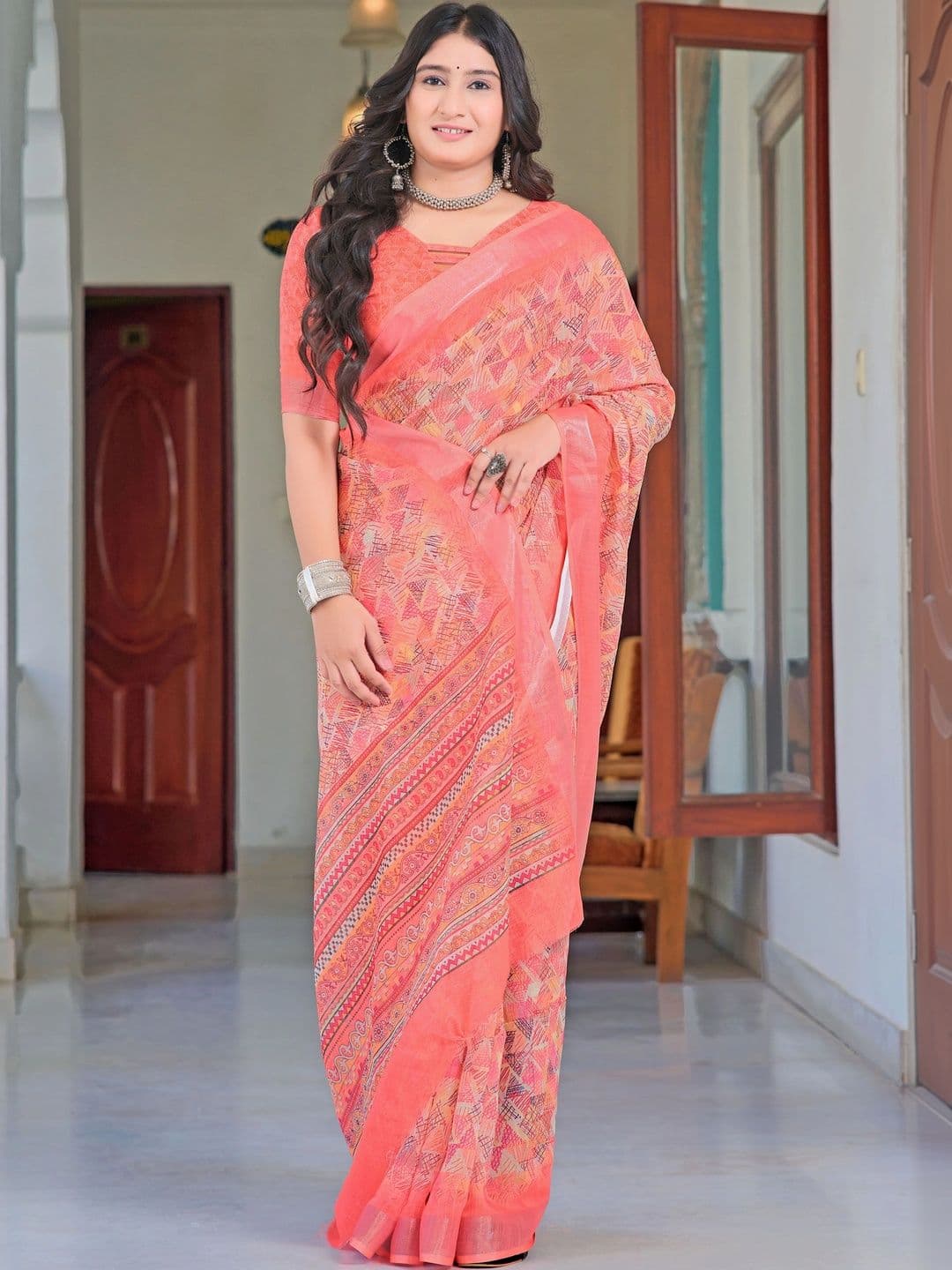 HERE&NOW Women Peach Multicolor Cotton Linen Saree thumbnail 6